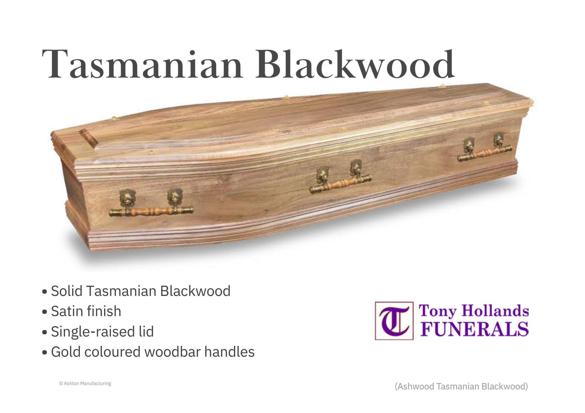 A picture of a Solid wooden Tasmanian blackwood coffin, with bronze drop bar handles.