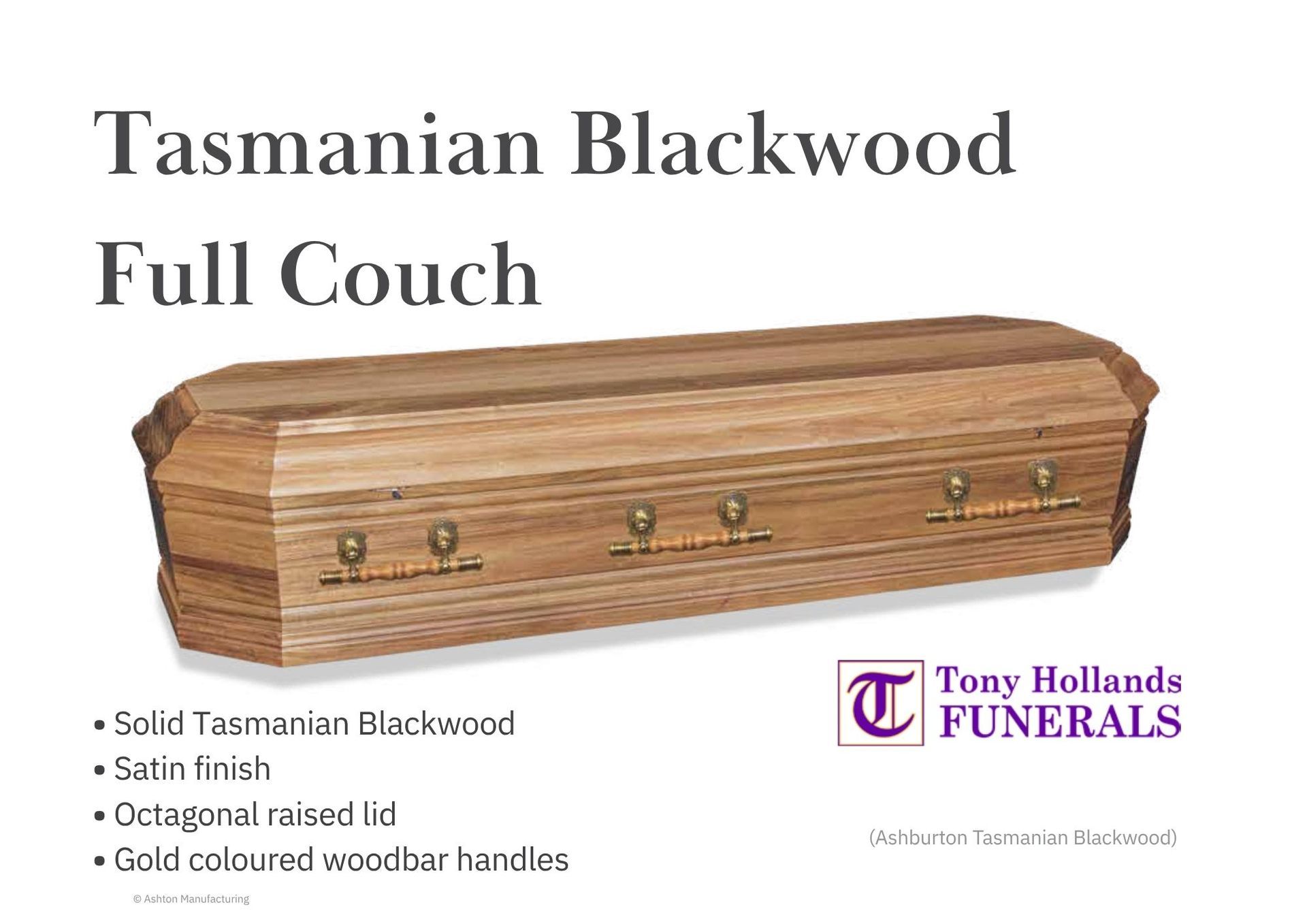 A picture of a Solid wood Tasmanian Blackwood Casket, with drop bar handles. Deluxe Casket
