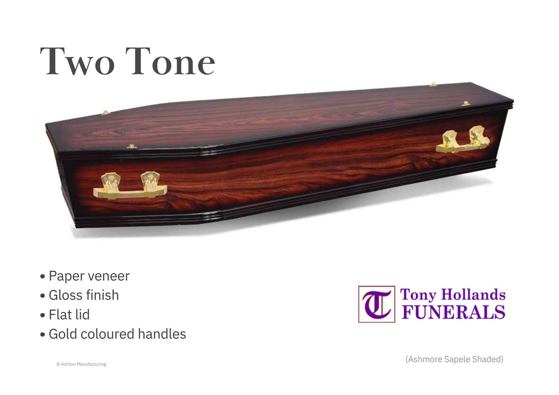 A picture of a MDF Coffin, Dual Tone, Gold Handles, Cost Effective
