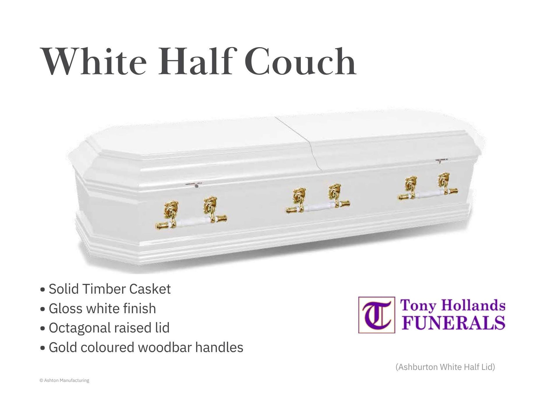 A picture of a White Luxury Casket, With round edges and matching gold handles.