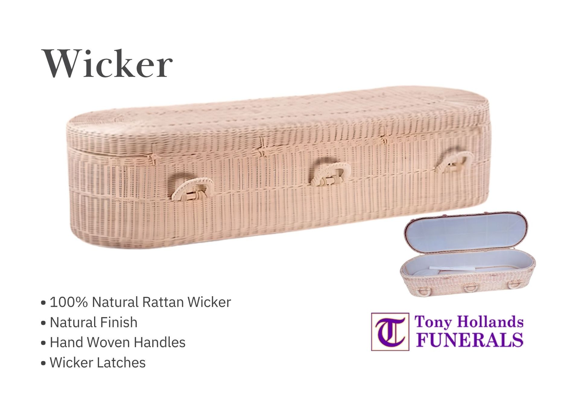 A picture of a wicker coffin with curved ends and rope handles.