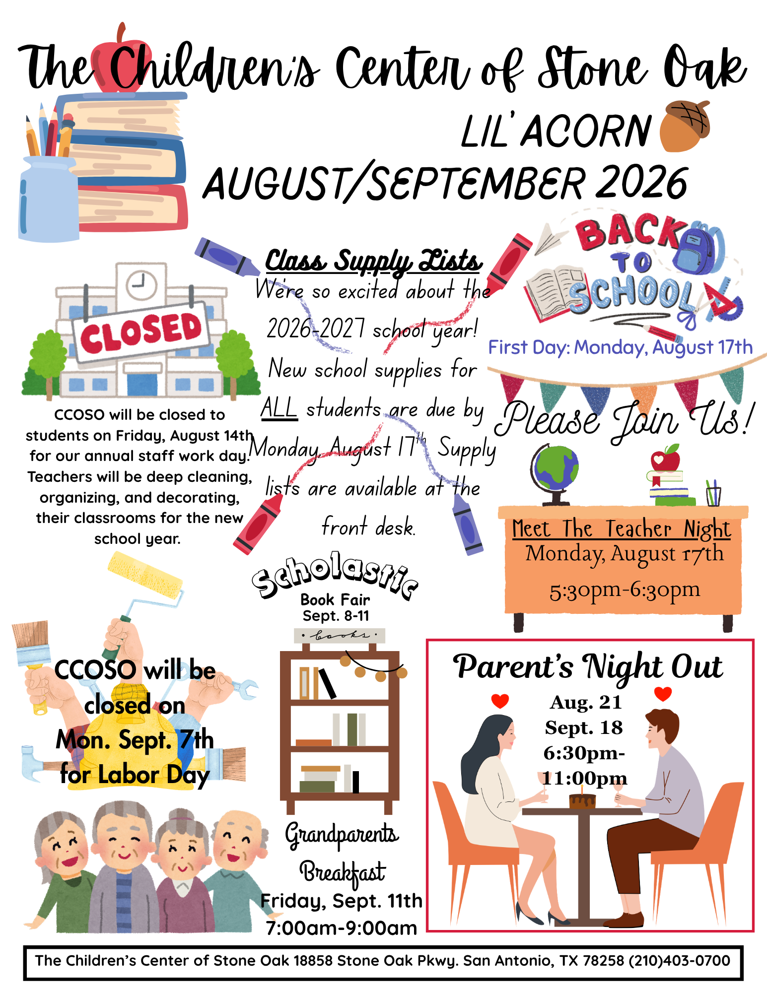Stone Oak Children’s Center August/September 2026 newsletter with school, holiday, and parent event notices