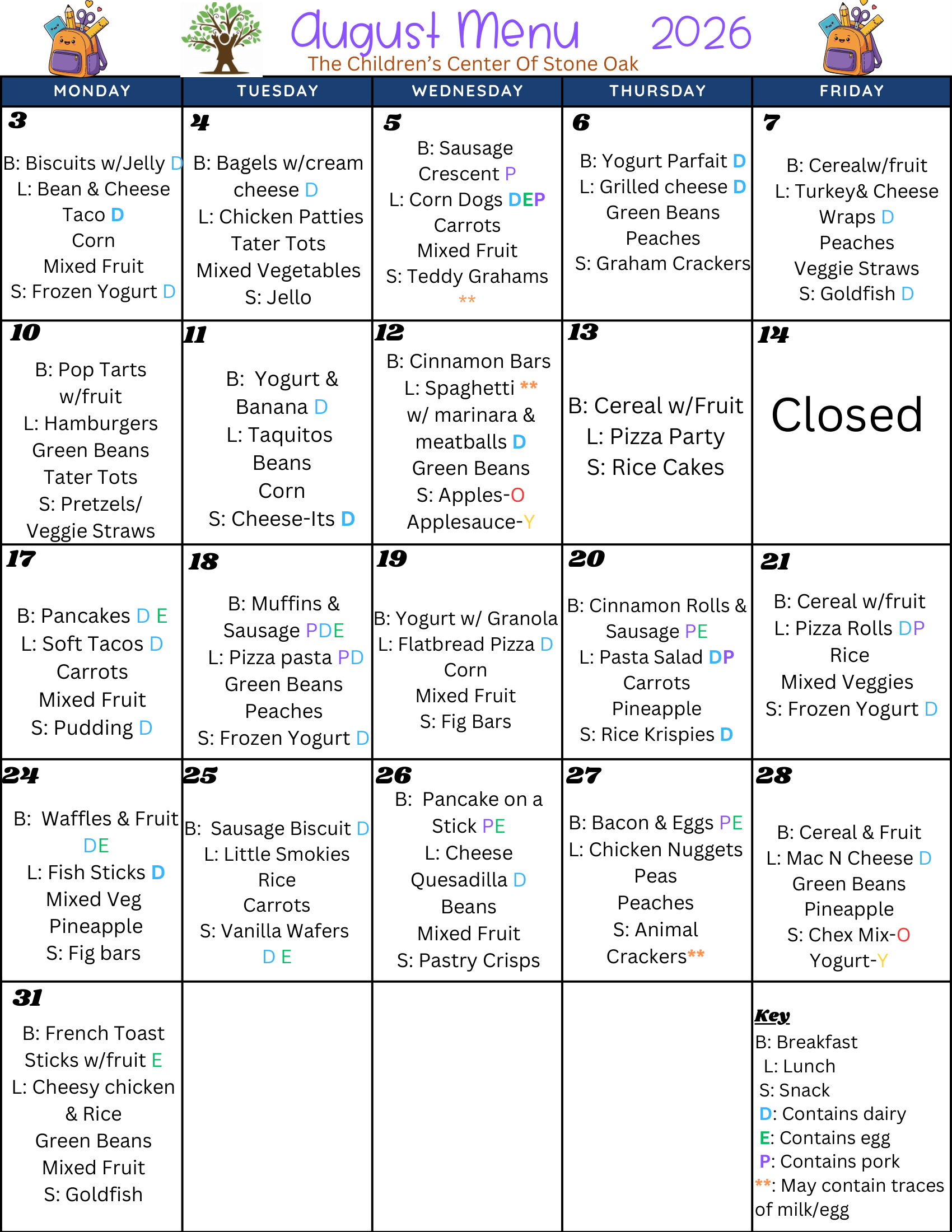 Stone Oak Children’s Center August Menu