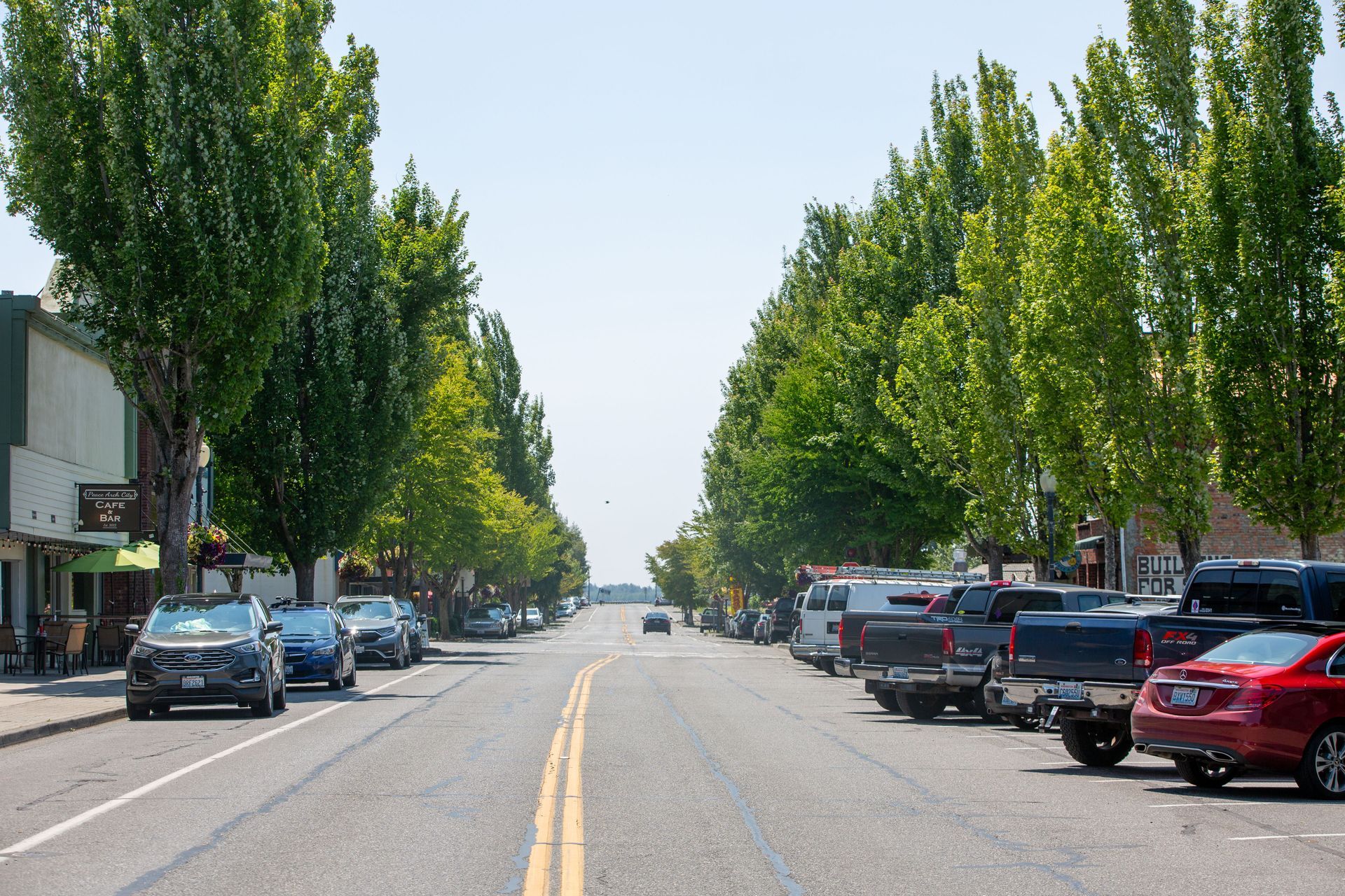 Cars resting in parking spaces along a paved city street stretching past tall green trees and local small businesses.