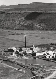 Black and white historical photo of a mill with a tall smokestack, a reflective pond, and open landscape.