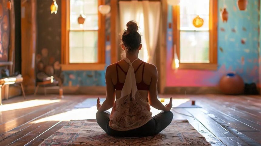 Woman sitting in a bright yoga studio meditating in the center of the room on hardwood floors.