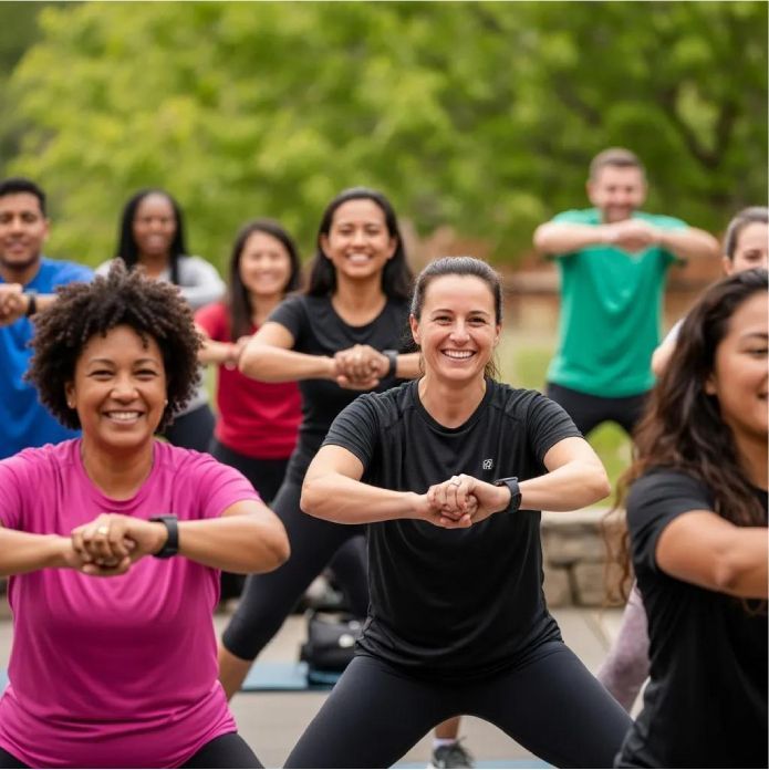 Residents taking part in a community fitness class at The Mill at Ochoco