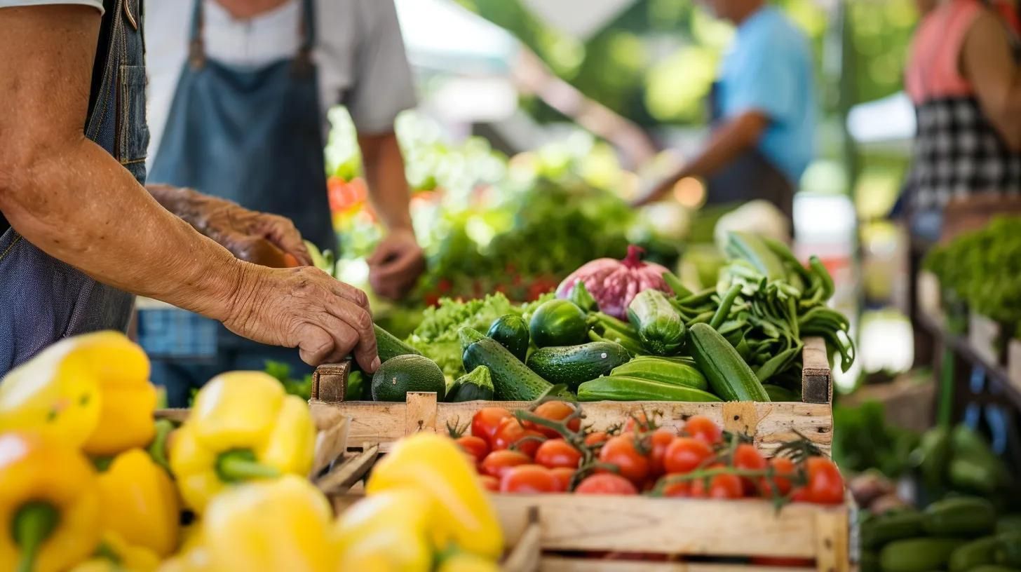 People enjoying a farmers' market outside, looking at healthy foods on a table in wood crates