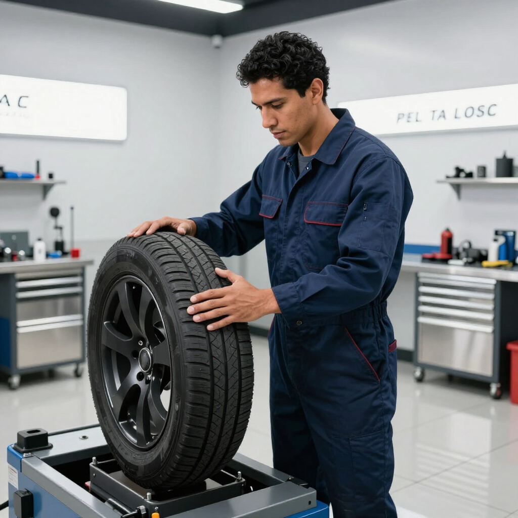 T&eacute;cnico revisando una llanta en taller automotriz