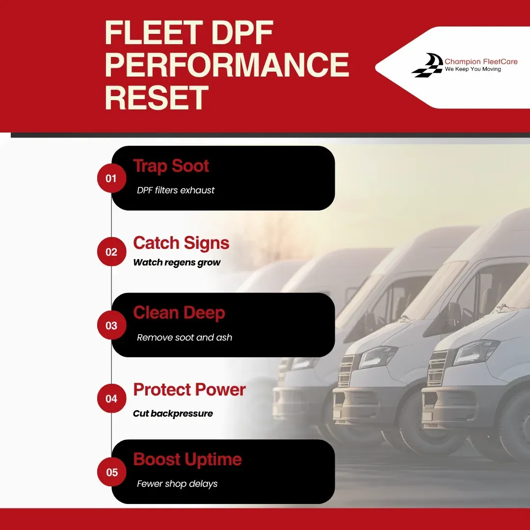 Fleet DPF performance reset infographic with five steps and white vans on a red background