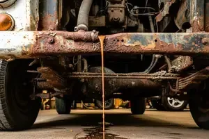 Rusty undercarriage of a truck on a dirt road, with wheels and suspension visible from below