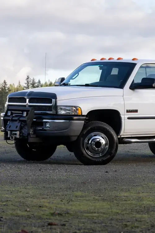 White pickup truck with a black grille guard parked on grass under a cloudy sky
