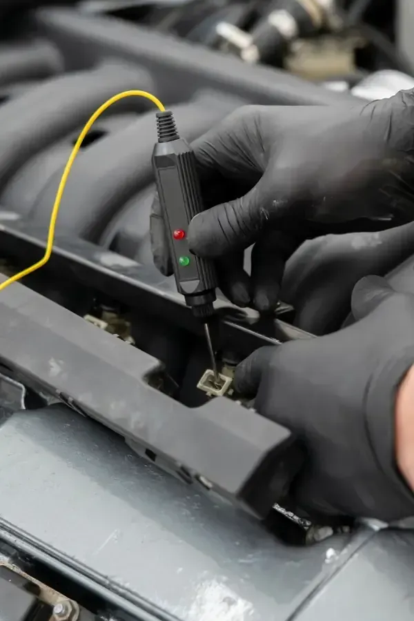 Gloved hands using a probe tool on engine components in a car bay