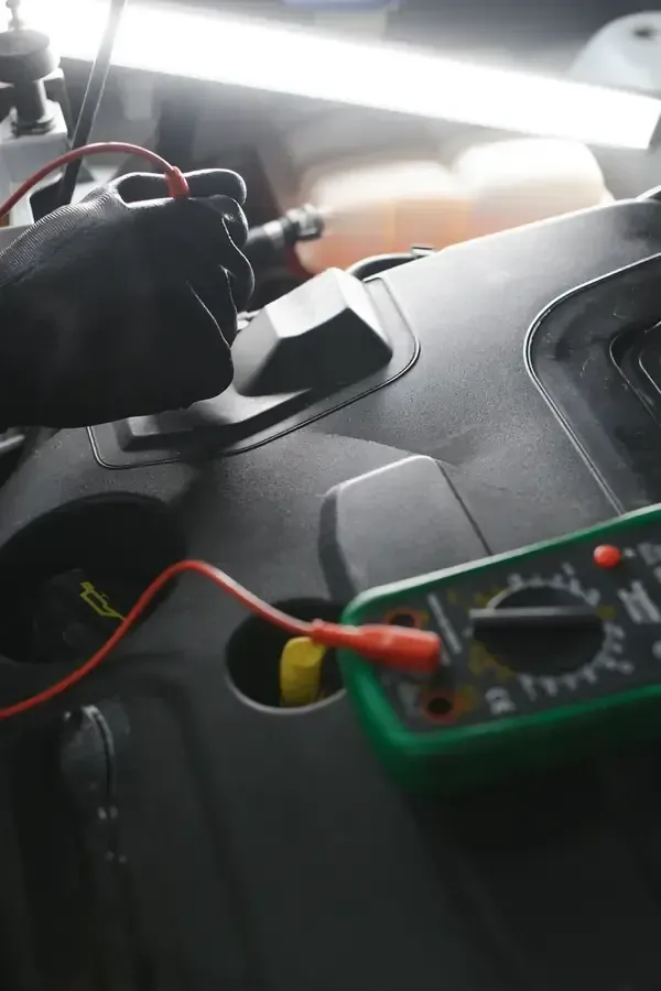 A hand holding a multimeter probe inside a car interior, testing wiring near the dashboard.