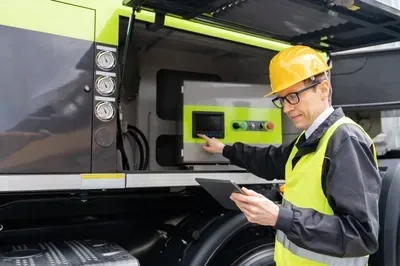 Technician in hard hat operating a control panel on a lime-green industrial truck