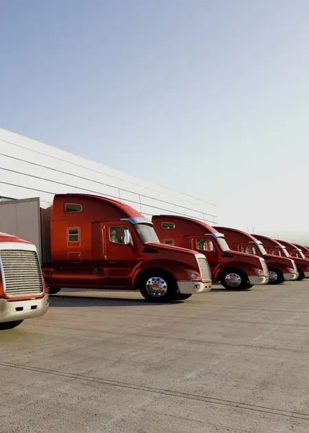 Red semi trucks lined up in a row on a concrete lot under a clear sky