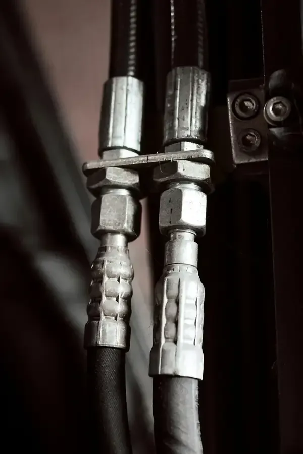 Close-up of two black cables with silver metal connectors and clamps.