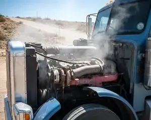 Blue semi-truck with engine exposed, steaming on a dusty road