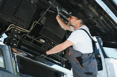 Mechanic in gray overalls inspects machinery under a vehicle's hood