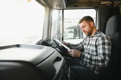 Driver in plaid shirt sitting in a truck cab, looking at a phone near the steering wheel.
