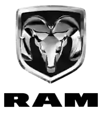 RAM truck logo with silver ram head emblem and bold black text on a white background