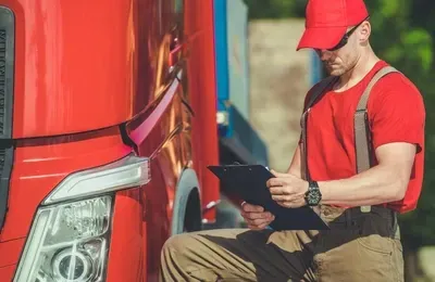 Mechanic in red uniform using a tablet beside a red truck