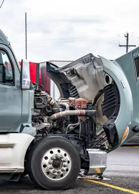 Semi-truck with hood open after roadside breakdown, exposing engine on a wet road.