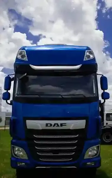 Blue DAF semi-truck viewed from the front under a cloudy sky