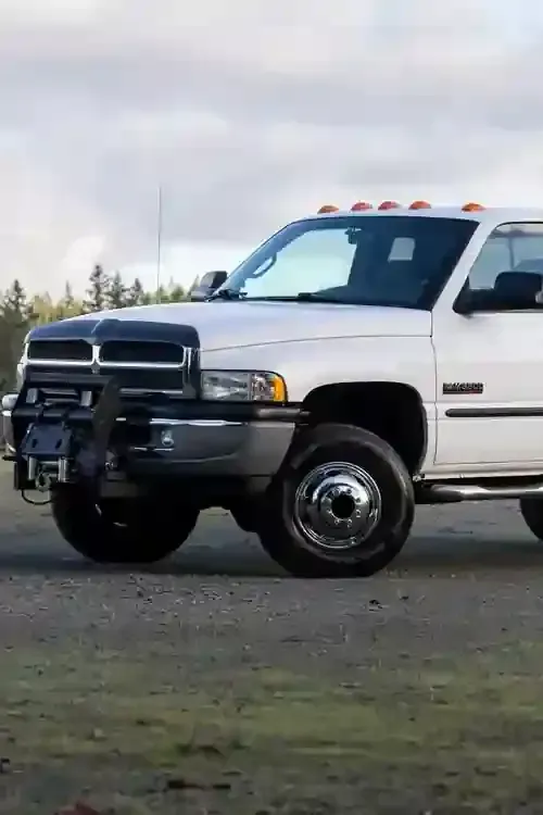 White pickup truck with a black front bumper guard parked outdoors on grass near a road.