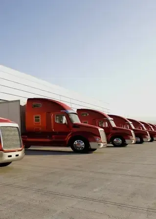 Red semi-trucks lined up in a parking lot beside a white truck cab.