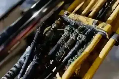 Black metal bars and yellow rails coated with grease or residue, viewed close up.