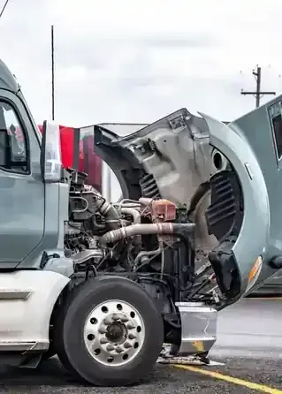 Semi-truck with cab tipped forward, exposing engine, on a road near red and white tanker trailers