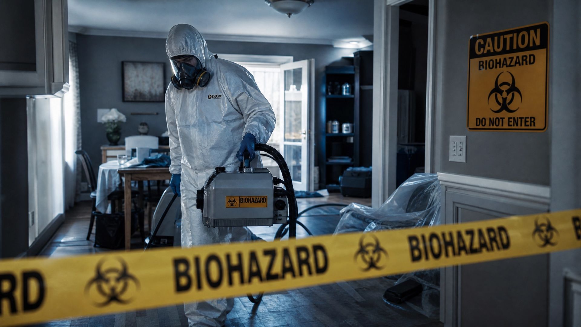 Professional biohazard cleanup technician in full hazmat suit performing remediation in Charlotte NC