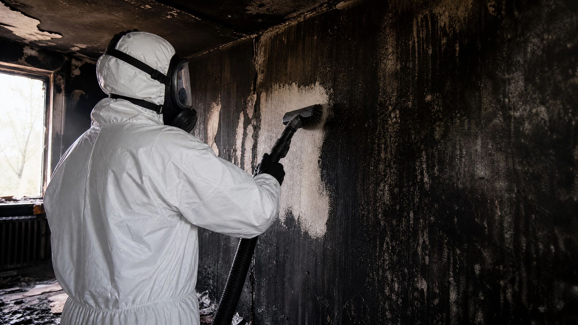 Restoration technician in hazmat suit cleaning soot from fire damaged walls in Charlotte NC