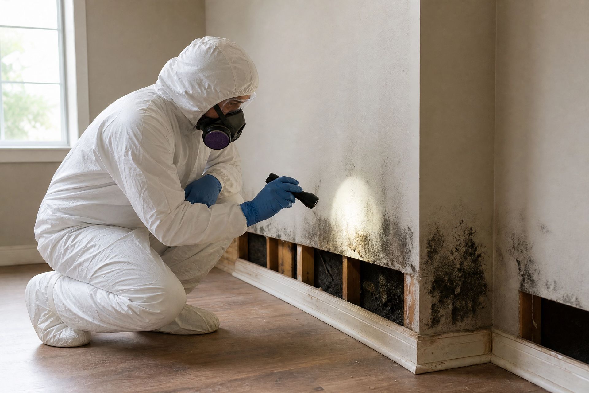 Professional mold remediation technician inspecting a wall for hidden moisture and mold growth.