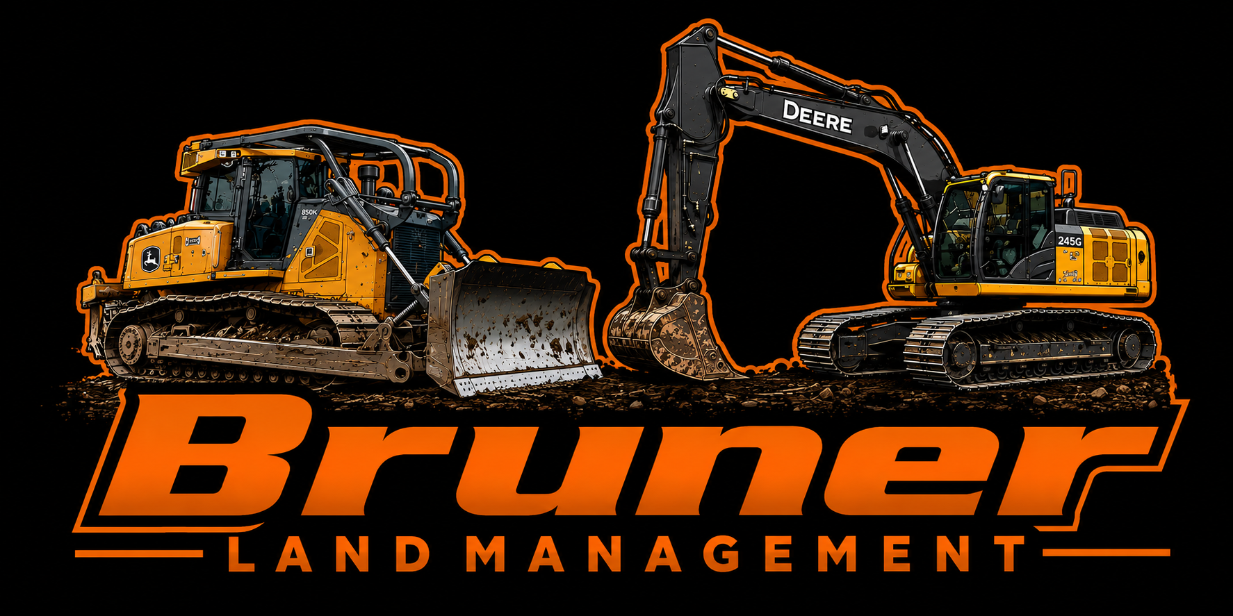 Bruner Land Management logo with two orange-and-black construction machines on a black background