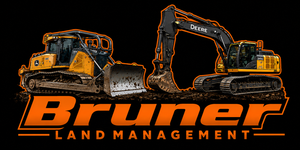 Bruner Land Management logo with two orange-and-black construction machines on a black background
