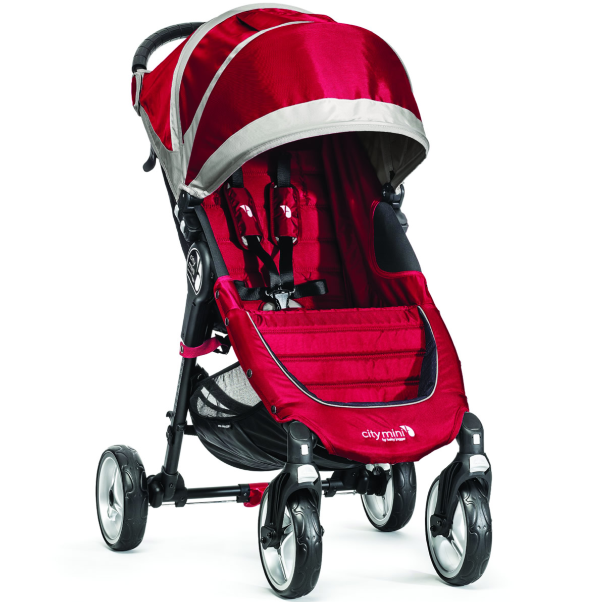 A red and black mobility scooter with a basket on the front.