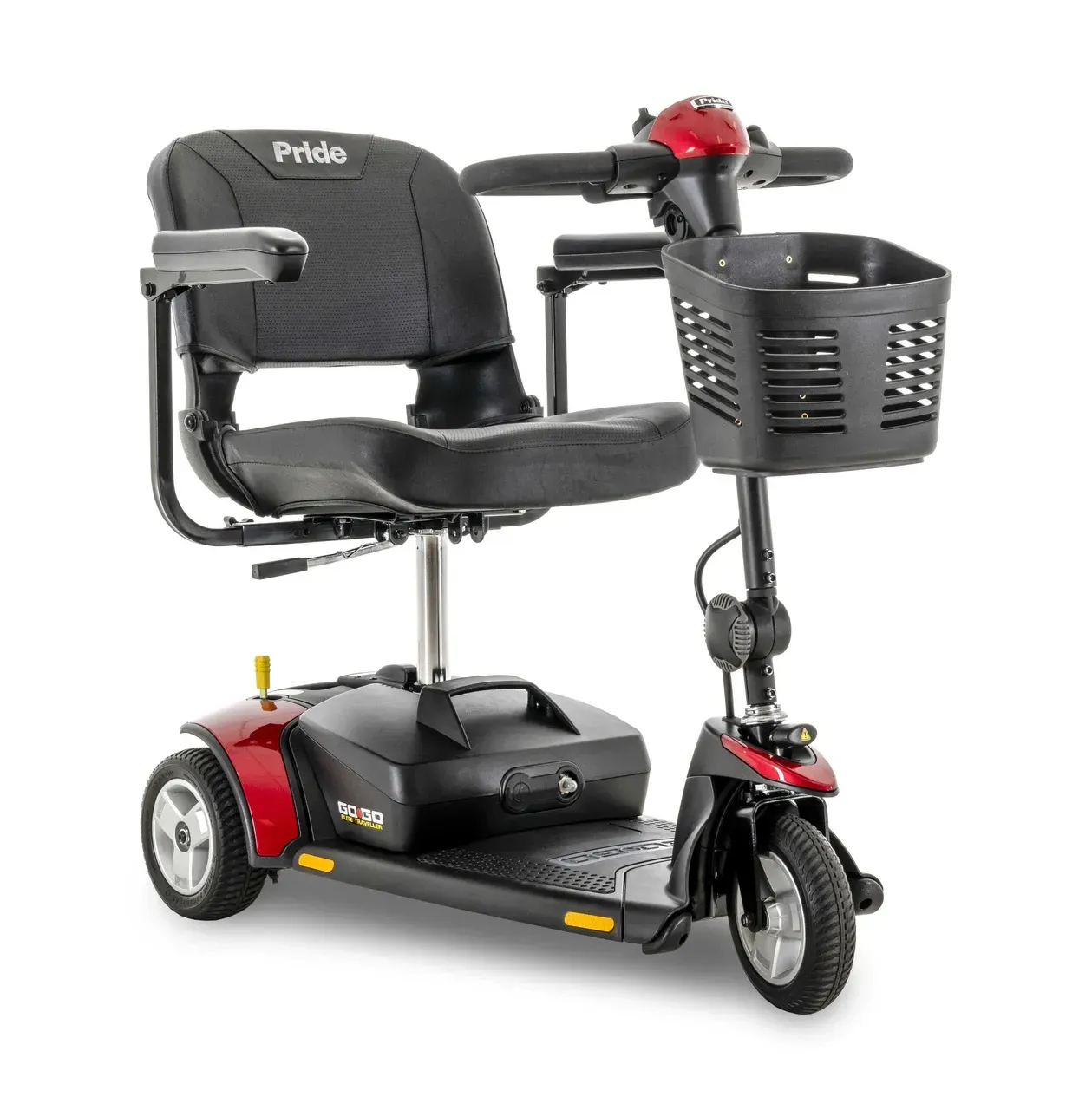 Black Pride mobility scooter with seat, basket, and three wheels on white background