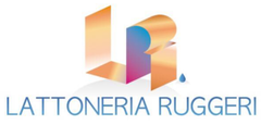 Logo della Lattoneria Ruggeri con tetto astratto multicolore e testo blu.