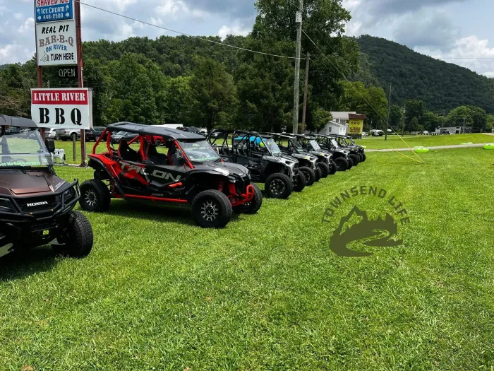 A row of atvs are parked in a grassy field.