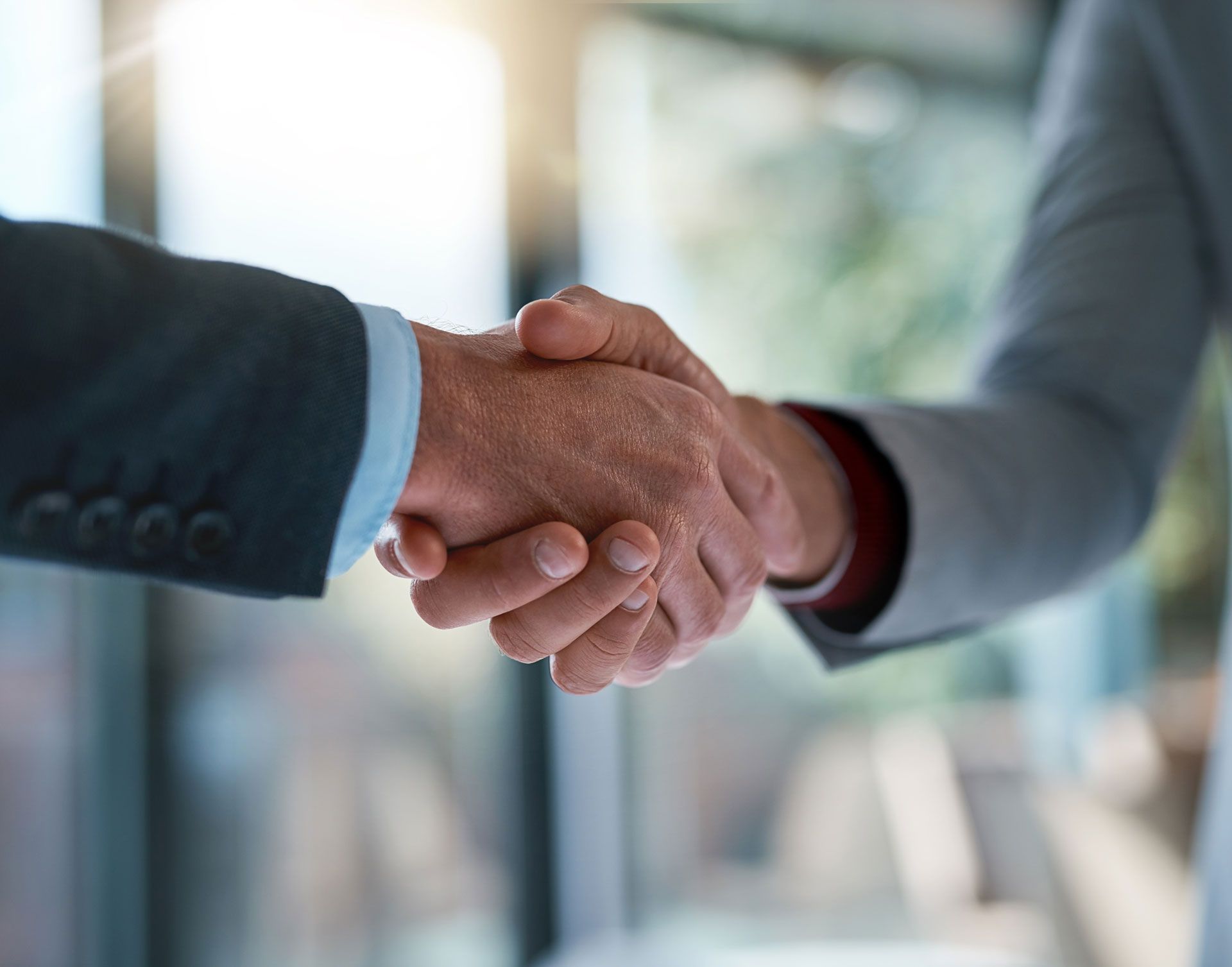 Two businesspeople shaking hands, formal attire, close-up, daytime.