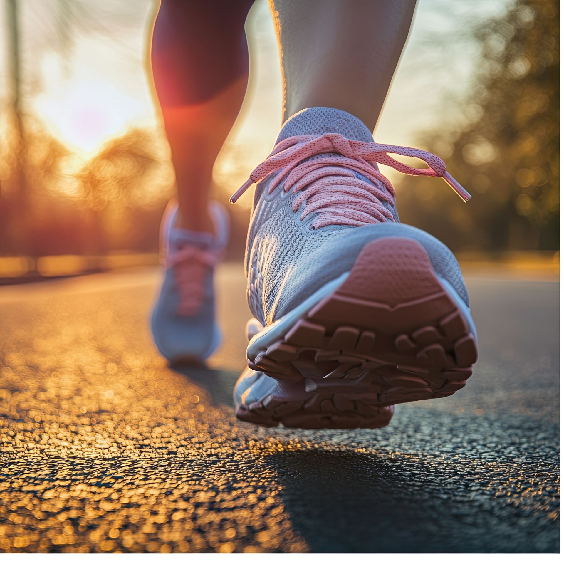 Pair of running shoes in motion on a jogging path