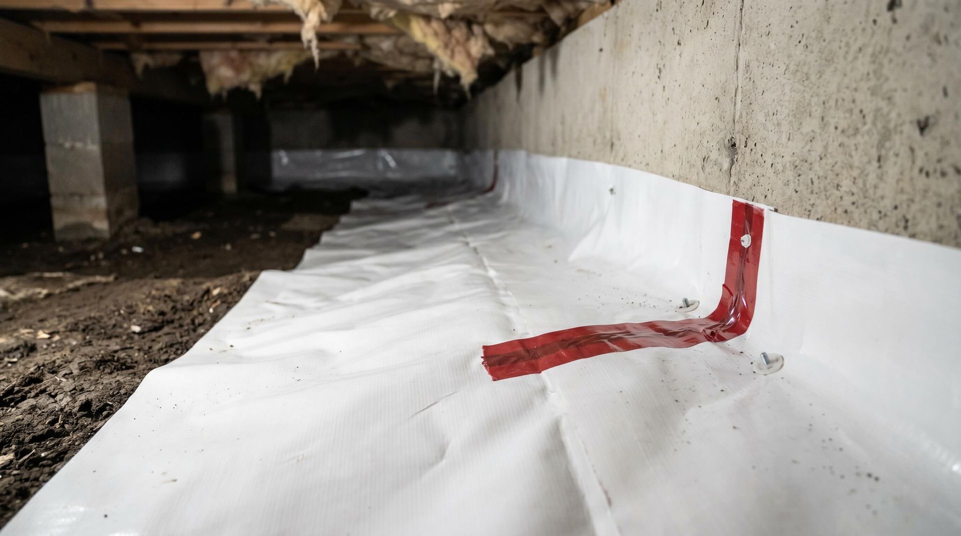 Vapor barrier just having been installed in crawl space