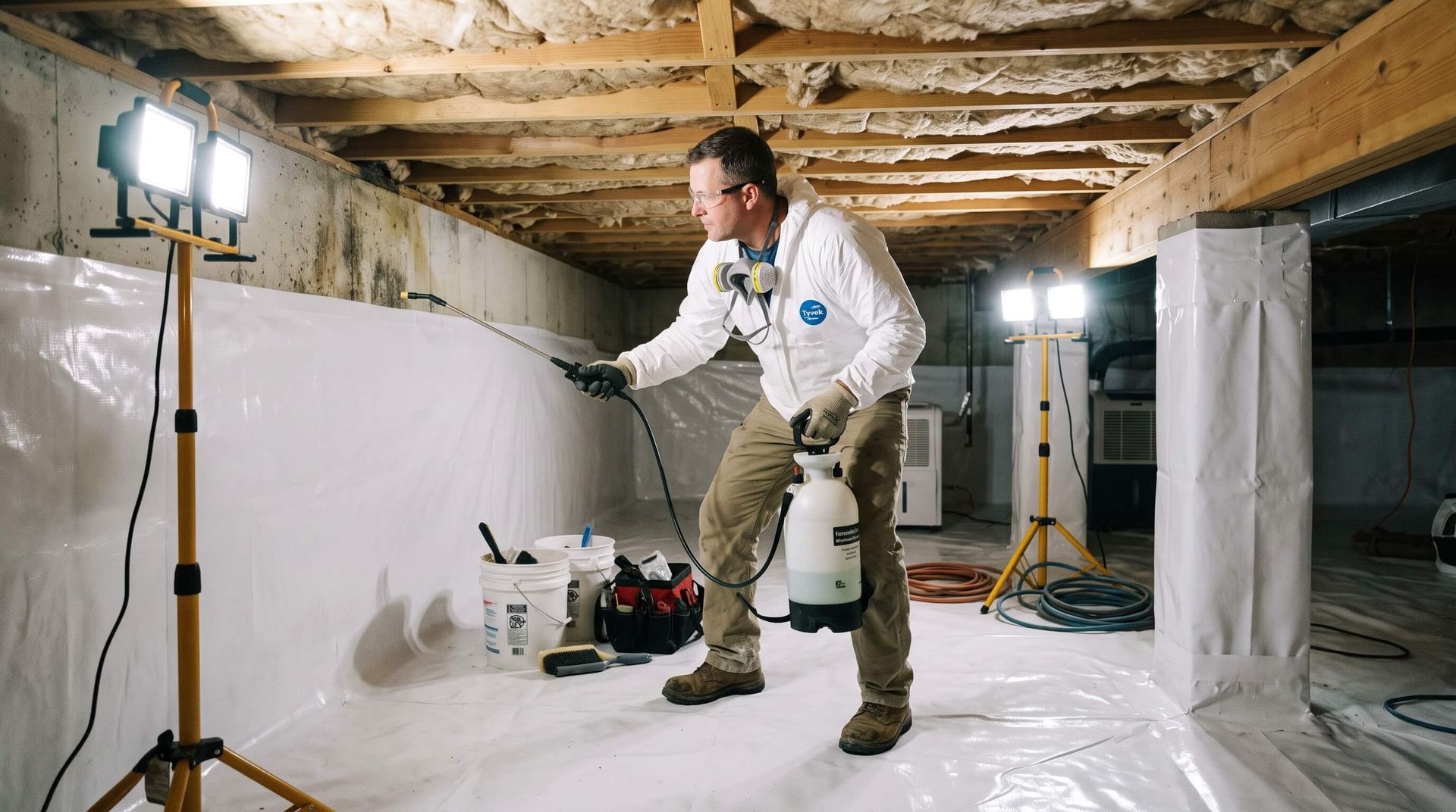 Man spraying wall in crawl space for mold remediation