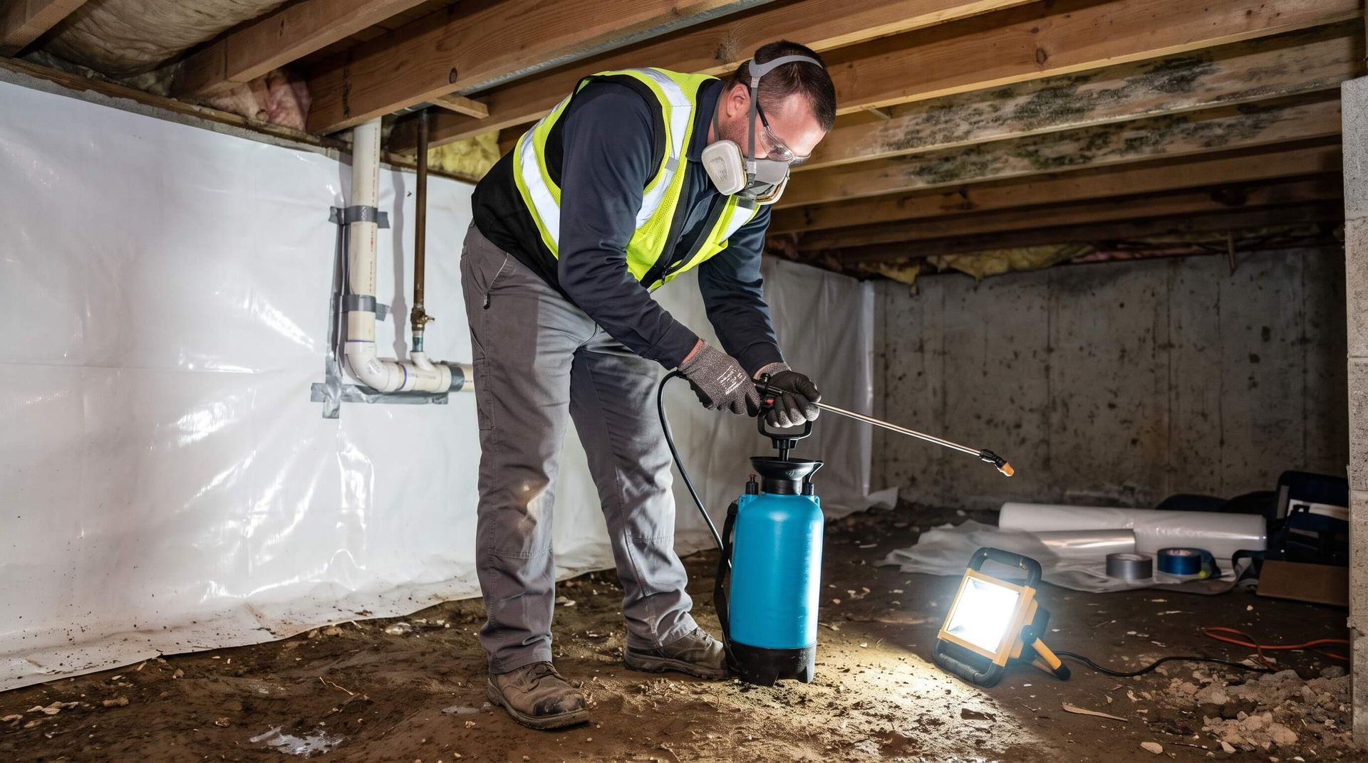 Man preparing to spray crawl space for mold remediation