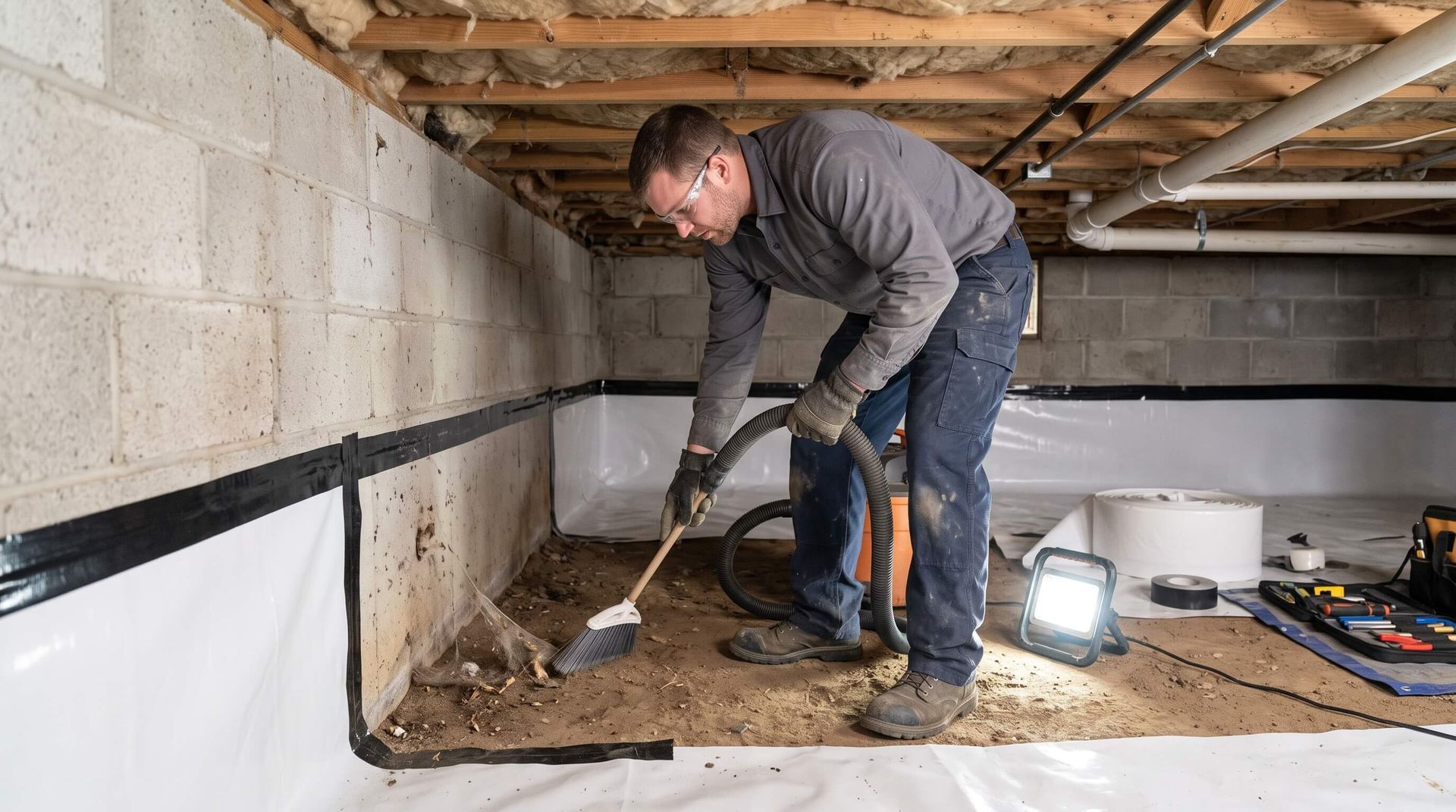 Man cleaning crawl space with vacuum