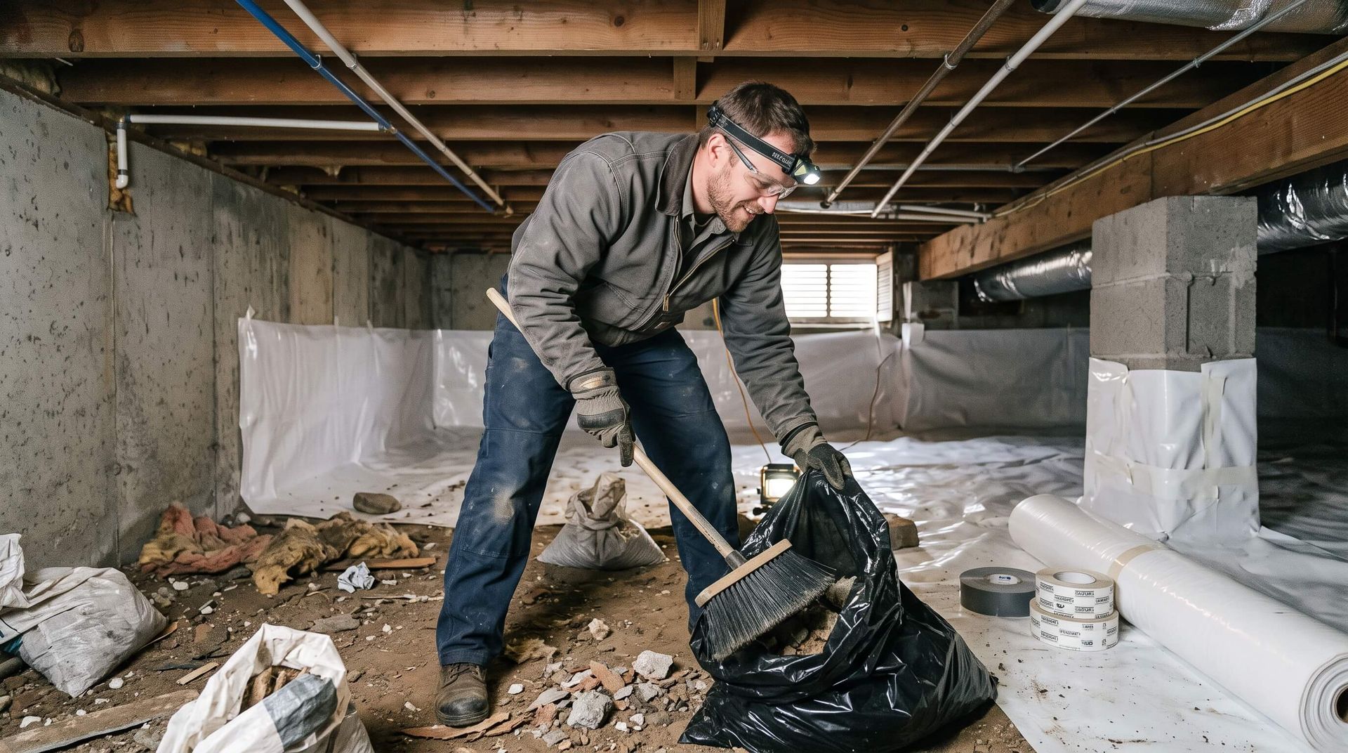 Man sweeping up in crawl space while performing crawl space cleanout