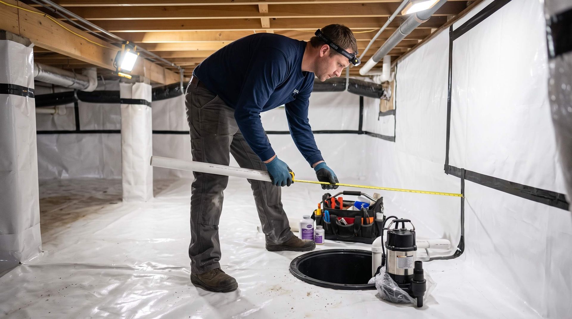Man beginning the process of installing a sump pump in a crawl space