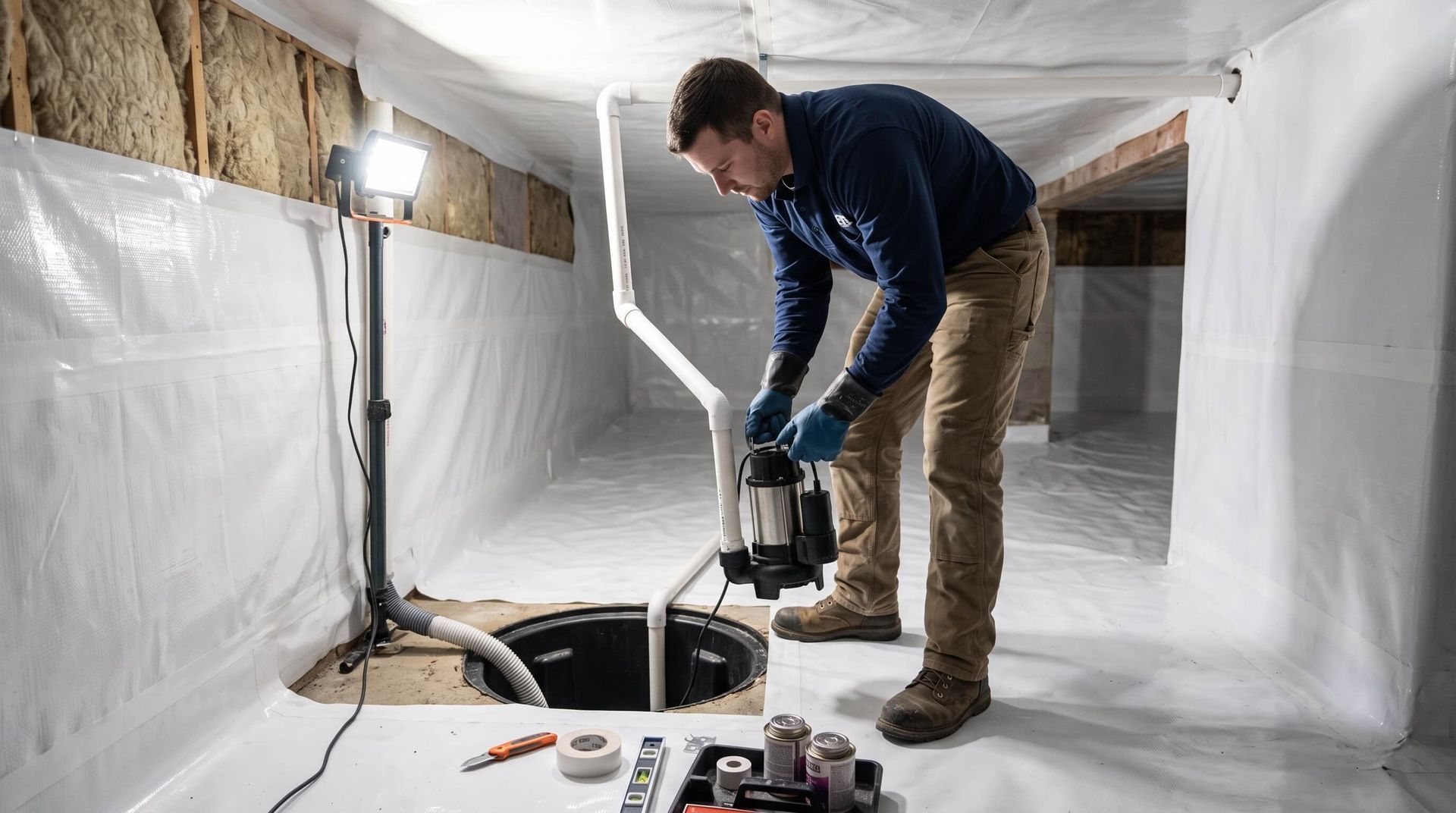 Man in the middle of a sump pump installation